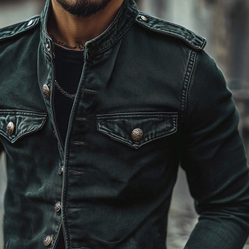 Blue distressed denim jacket for men, vintage wash & stand collar design. Slim fit casual mid-season outerwear.