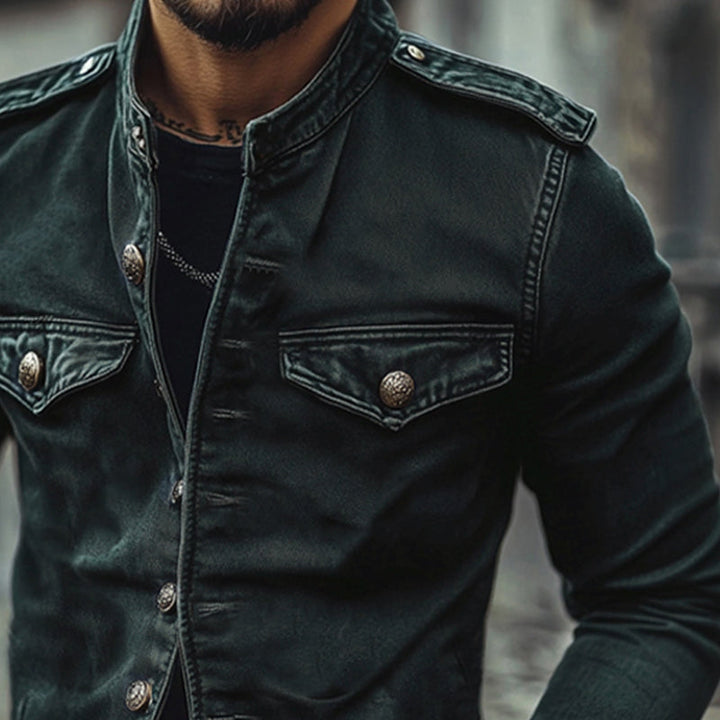 Blue distressed denim jacket for men, vintage wash & stand collar design. Slim fit casual mid-season outerwear.