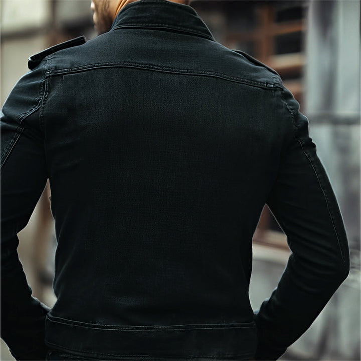 Men's vintage distressed blue denim jacket with stand collar, slim fit & biker style for mid-season fashion.