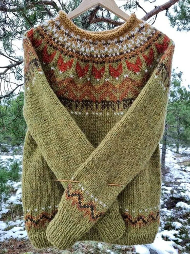 Men's vintage geometric knit sweater. Cozy crewneck pullover, perfect for stylish fall and winter fashion.