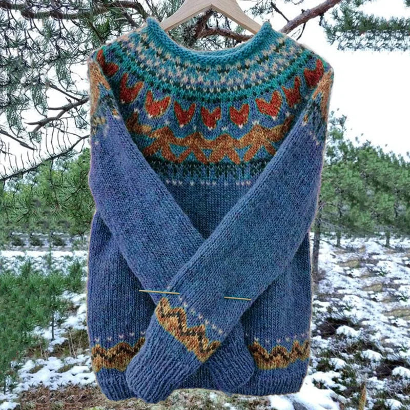 Cozy men's long-sleeve crewneck sweater with vintage geometric knit. Ideal pullover for winter style.