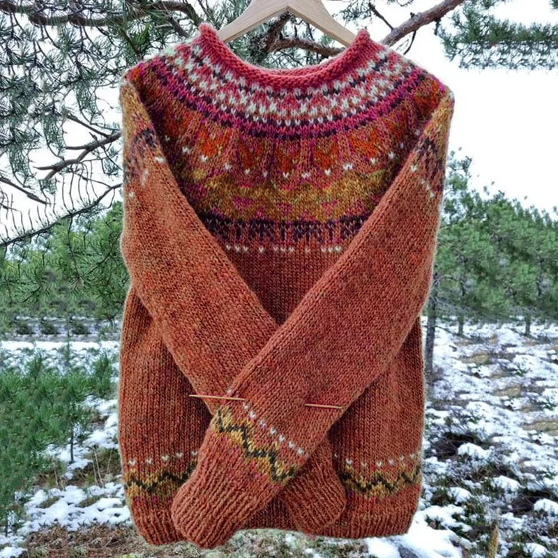 Men's classic vintage geometric pattern knit sweater. Warm and stylish crewneck pullover for winter.