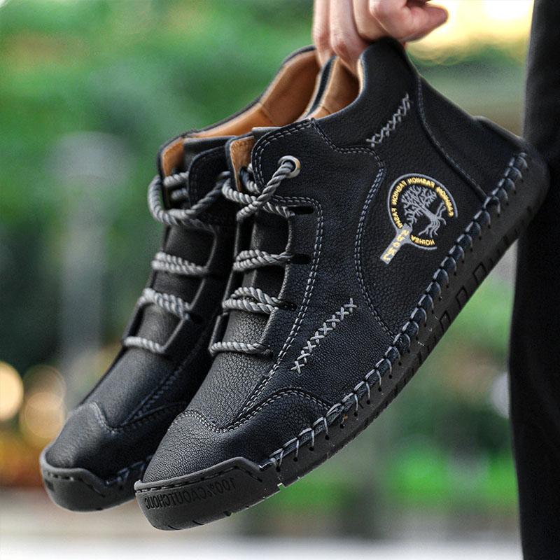 Detailed shot of the stitching on men's vintage leather loafers, emphasizing quality and durability.