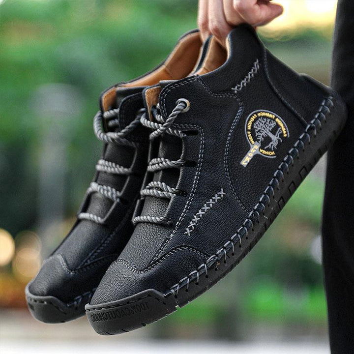 Detailed shot of the stitching on men's vintage leather loafers, emphasizing quality and durability.