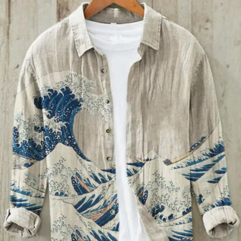 Men's Vintage Japanese Art Print Casual Button-Up Shirt for summer fashion.