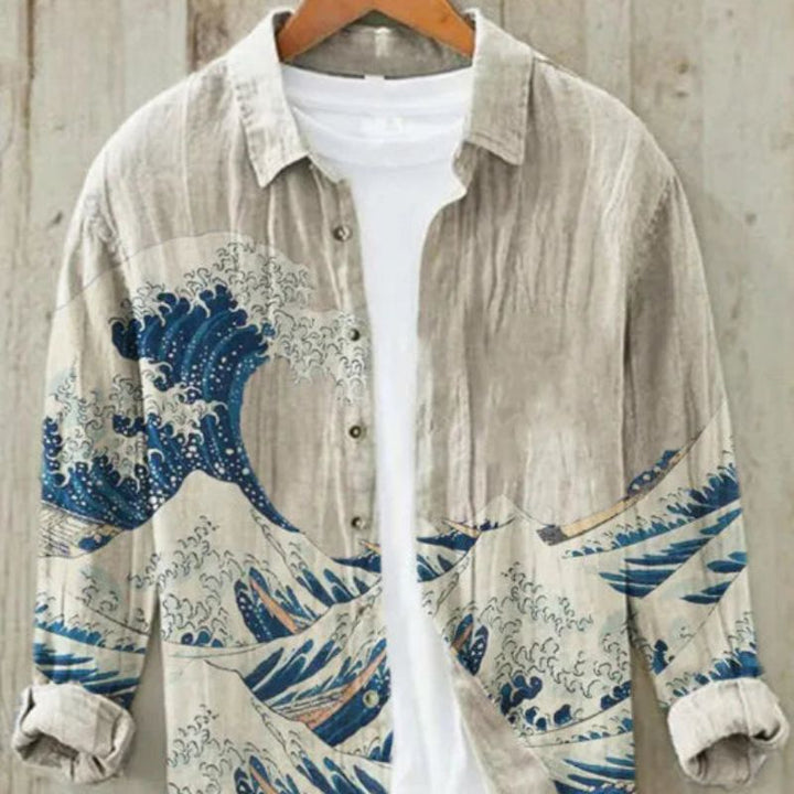 Men's Vintage Japanese Art Print Casual Button-Up Shirt for summer fashion.