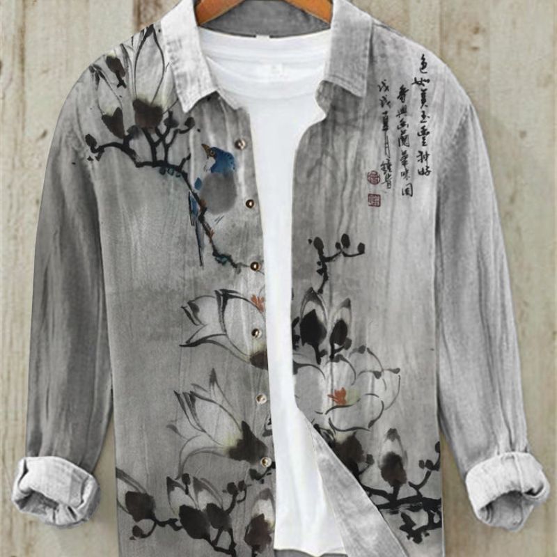 Men's Button-Up, Japanese Art Print Design, Vintage Look, Ideal for Summer Outings.
