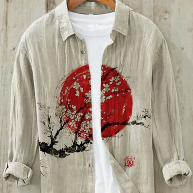 Summer Men's Shirt with Unique Japanese Art Print, Short Sleeve & Relaxed Fit.