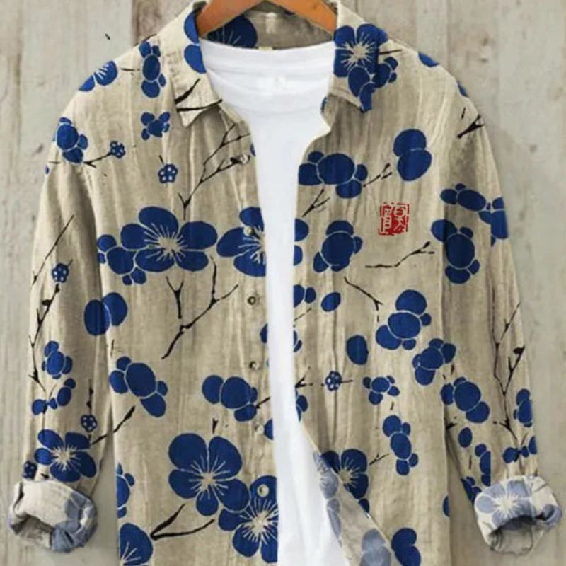Artistic Men's Casual Button-Up Shirt featuring Traditional Japanese Vintage Print.