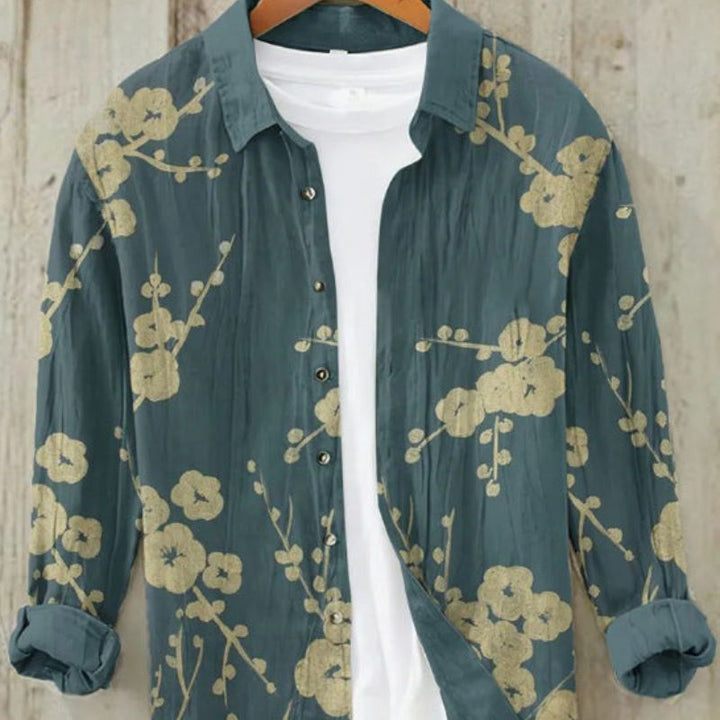 Men's Fashion: Vintage Japanese Art Print Short Sleeve Button-Up for Summer.