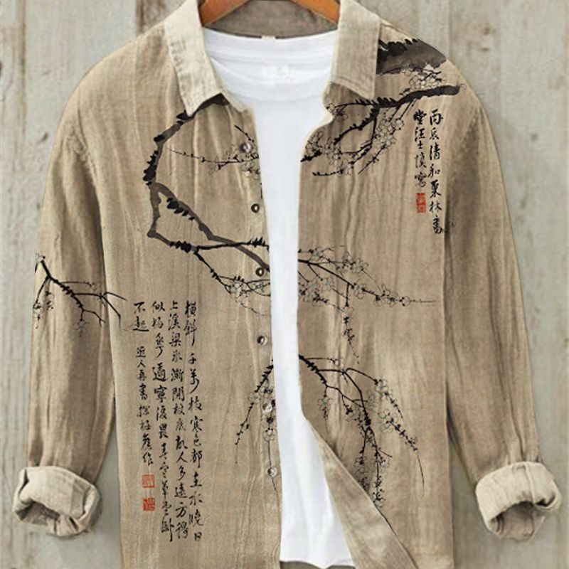 Relaxed Fit Men's Summer Shirt with Eye-Catching Japanese Art Print, Casual Style.
