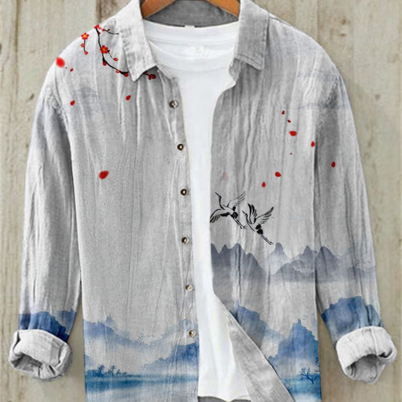 Unique Men's Button-Up Shirt, Vintage Japanese Art Pattern, Perfect for Summer Casual.