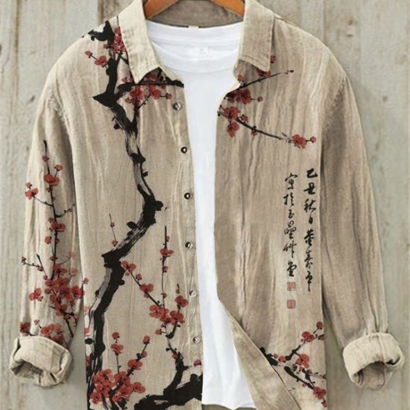 Short Sleeve Men's Shirt with Classic Japanese Art Print, Casual & Comfortable.