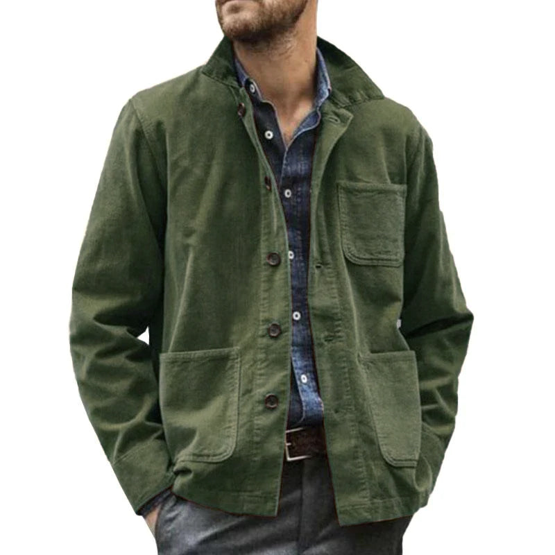 Classic men's outerwear: a vintage lapel jacket with spacious flap pockets, perfect for smart casual mid-season style.