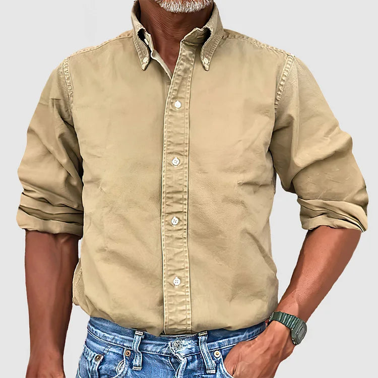 Versatile men's vintage wash button down long sleeve shirt. Ideal for smart-casual or everyday outfits.