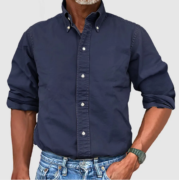Men's casual vintage wash button down long sleeve shirt. Versatile design for relaxed everyday wear.