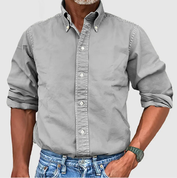 Solid color men's vintage wash button down long sleeve shirt. Casual, comfortable, & perfect for daily style.