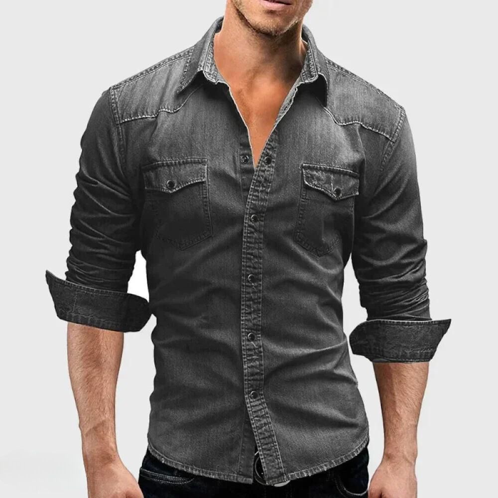 Men's vintage wash denim shirt, rugged style. Long sleeve button-up for casual wear and fashion.