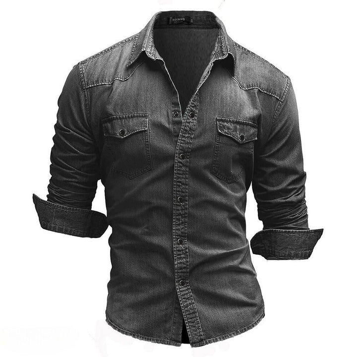 Western style men's denim shirt with chest pockets, vintage wash. Perfect for casual outfits.