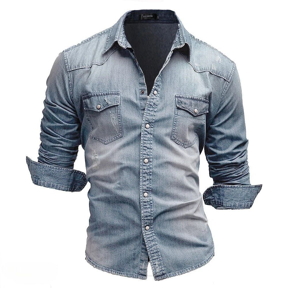 Rugged men's long sleeve denim shirt with vintage wash. Button-up with pockets, casual fashion.