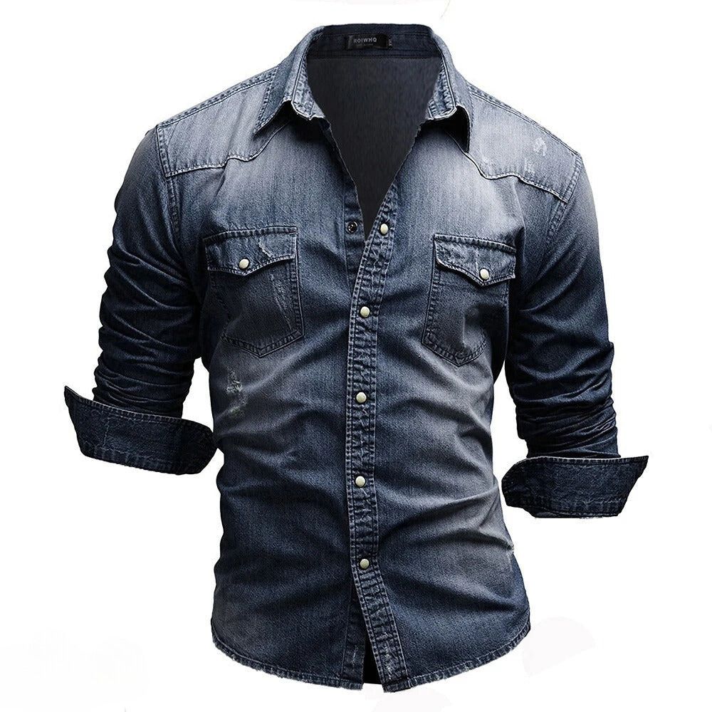 Casual men's vintage wash denim shirt. Long sleeve, button-up, with useful chest pockets.