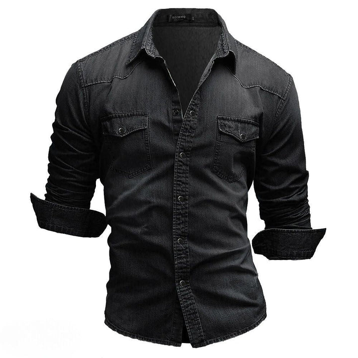 Stylish men's vintage wash denim shirt. Rugged western style, long sleeve, and button-up design.