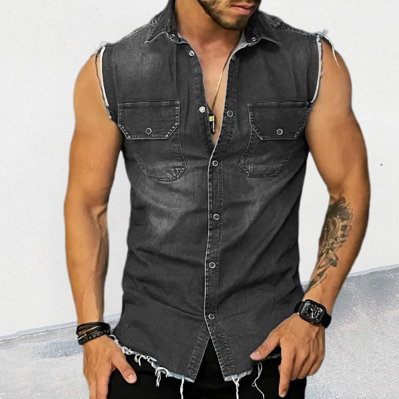 Distressed men's vintage wash sleeveless vest shirt with utility pockets. Perfect for street style summer wear.