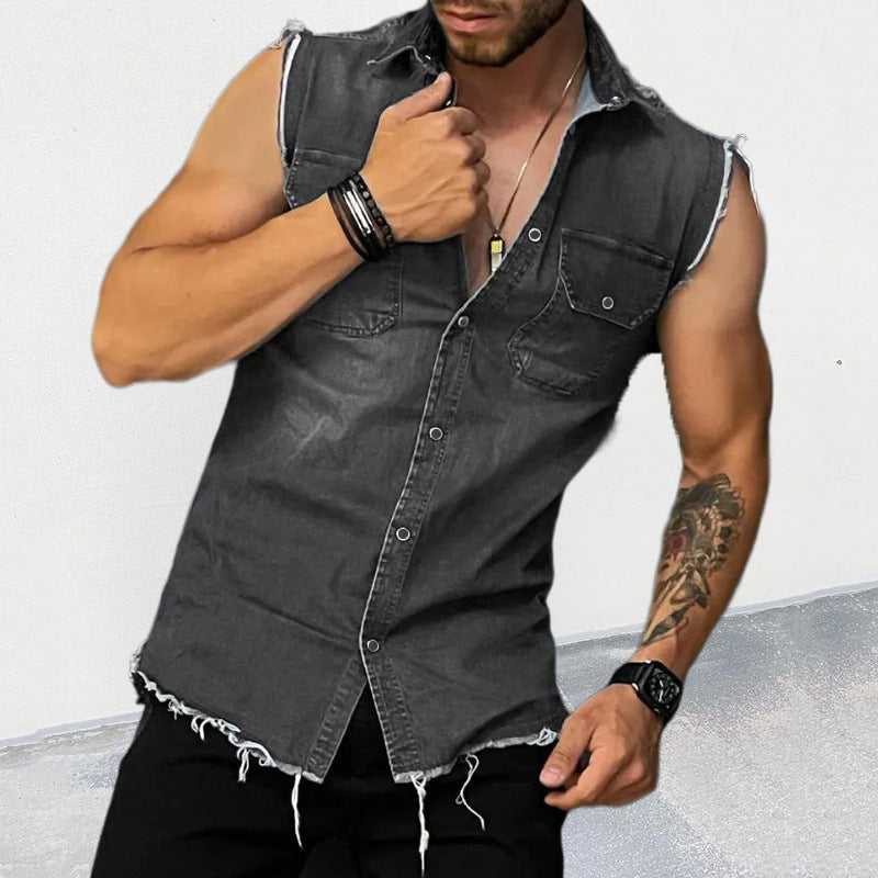 Lightweight men's sleeveless vest shirt, vintage wash, ideal for summer casual wear & layering. Rugged look.