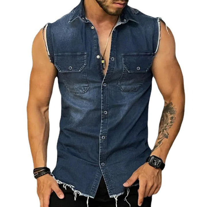 Men's vintage wash button-front sleeveless vest shirt. Rugged casual top for layering or solo summer wear.