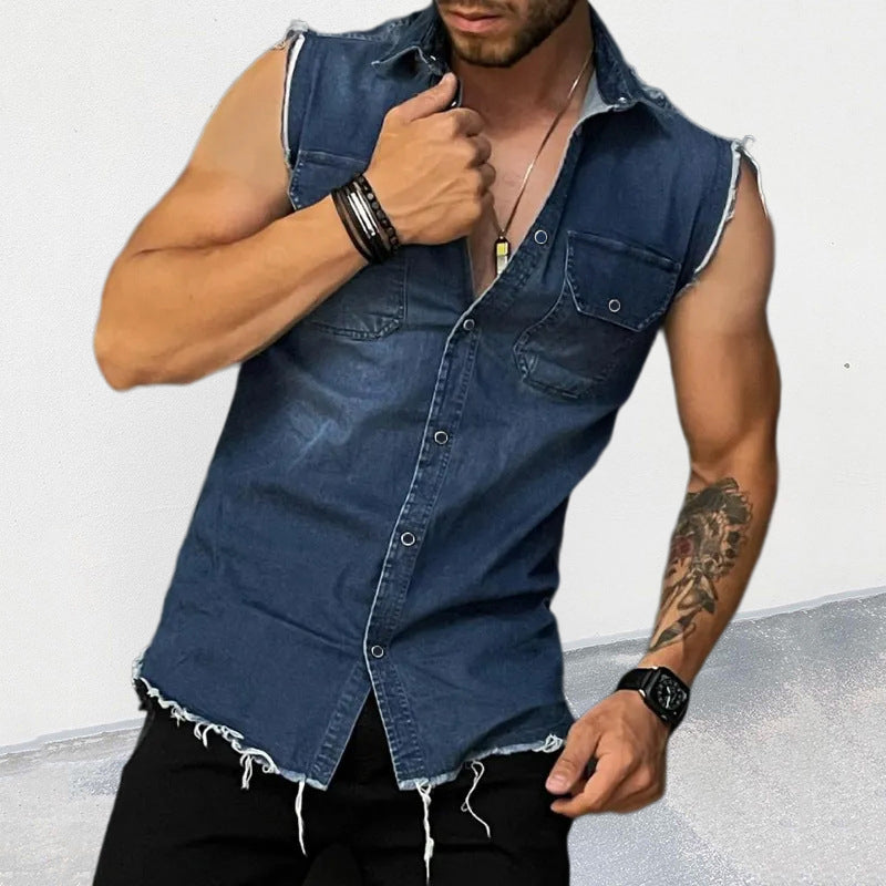Rugged men's vintage wash sleeveless vest shirt. Distressed look, perfect for summer layering & casual outfits.