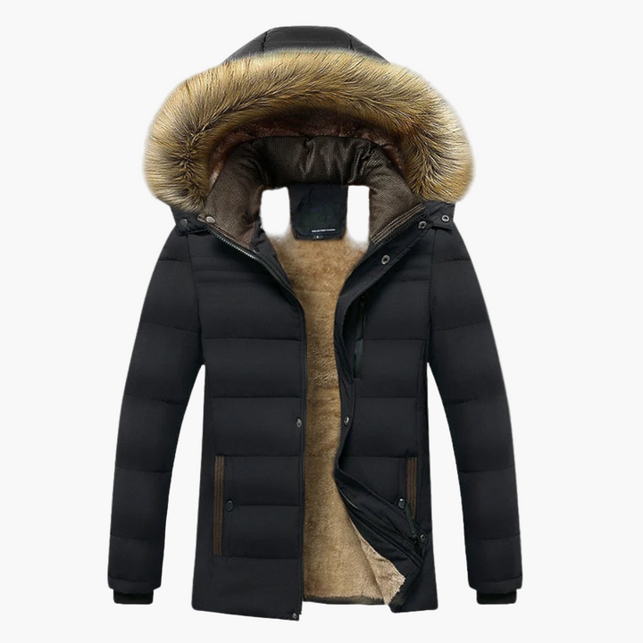 Men's warm fur-lined heavy-duty winter jacket, front view, in cold weather. Ideal for men's fashion.