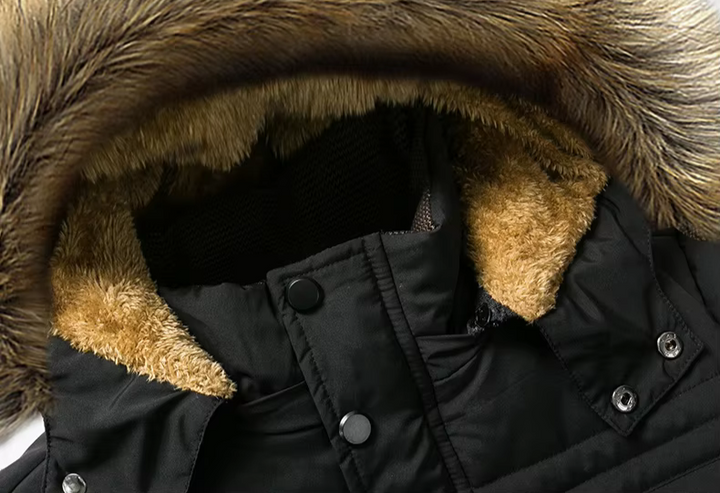 Side profile of men's winter coat with fur lining, emphasizing heavy-duty construction and warmth.
