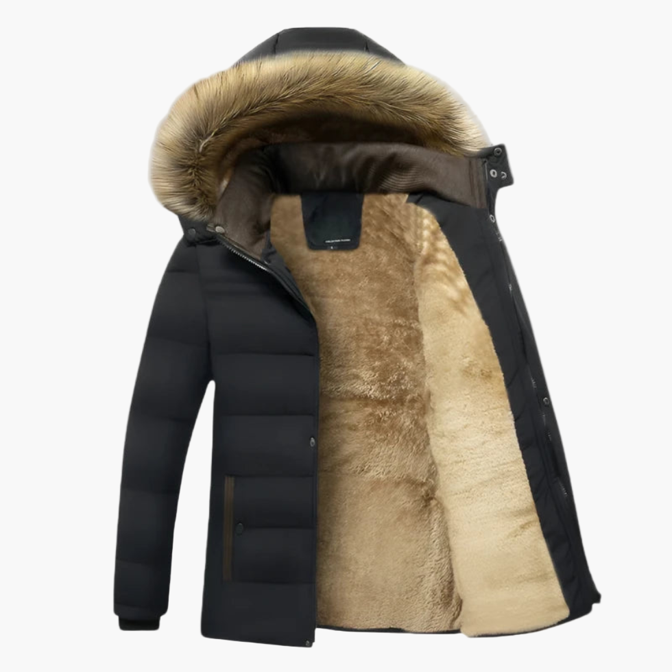 Back view of a durable men's heavy-duty winter jacket, showcasing outerwear design for cold seasons.