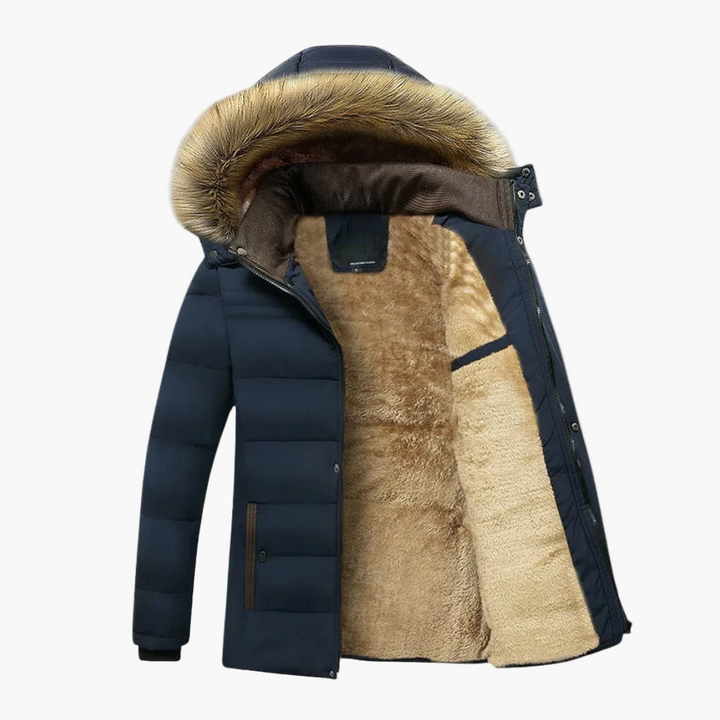 Model wearing men's fur-lined winter jacket, walking outdoors, demonstrating seasonal style and warmth.