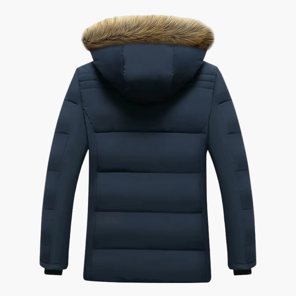 Detail of zipper and pockets on a men's heavy-duty coat, good for cold weather and storage.