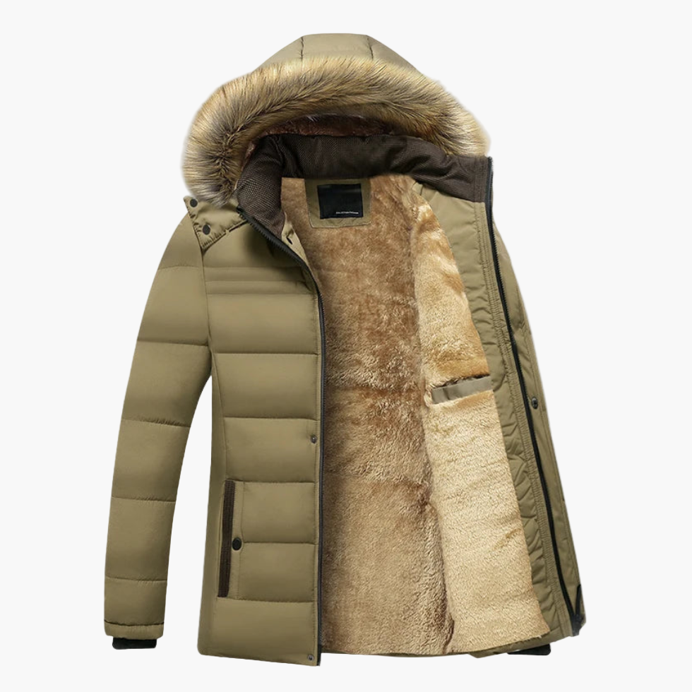 Interior view of a warm men's winter jacket, highlighting the soft fur lining and construction.
