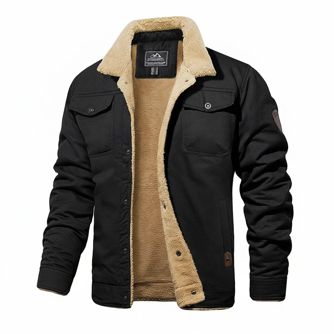 Men's warm winter jacket with cozy Sherpa collar, perfect for cold weather. Stylish casual outerwear.