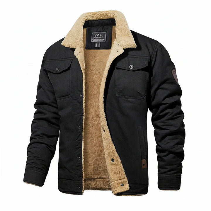 Men's warm winter jacket with cozy Sherpa collar, perfect for cold weather. Stylish casual outerwear.