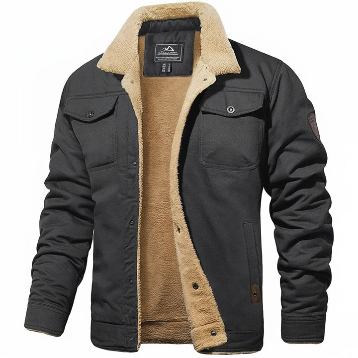 Stylish men's winter jacket with button-down front & soft Sherpa collar. Ideal for cold weather fashion.