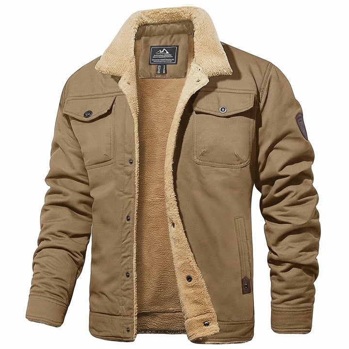 Cozy men's warm jacket featuring a plush Sherpa collar. Durable outerwear for chilly winter days.