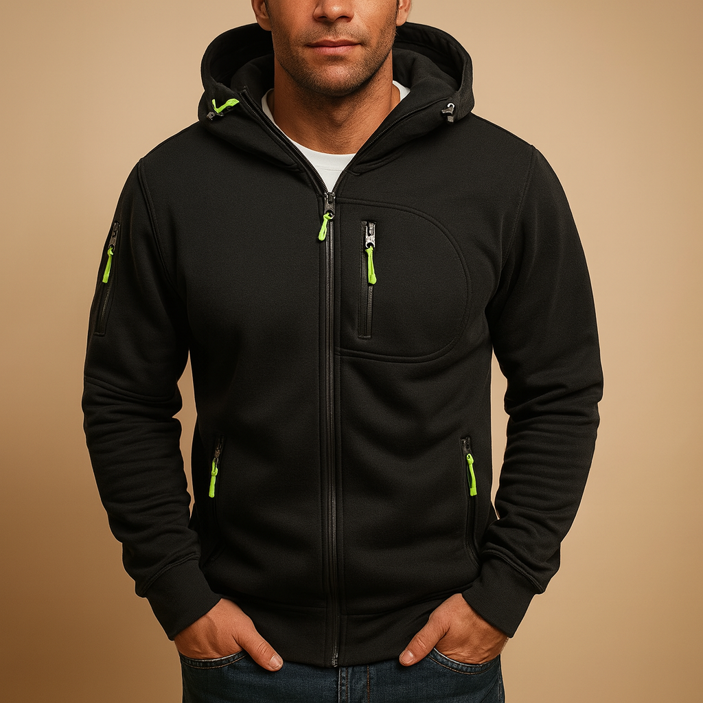 Men's warm zip hoodie with adjustable hood, perfect for everyday comfort and casual fall or winter style.