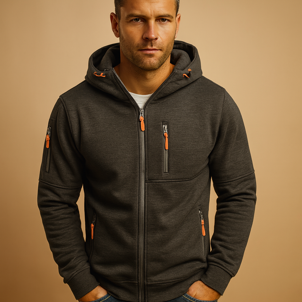 Comfortable men's full-zip hoodie, an essential for fall fashion, winter warmth, and versatile casual wear.