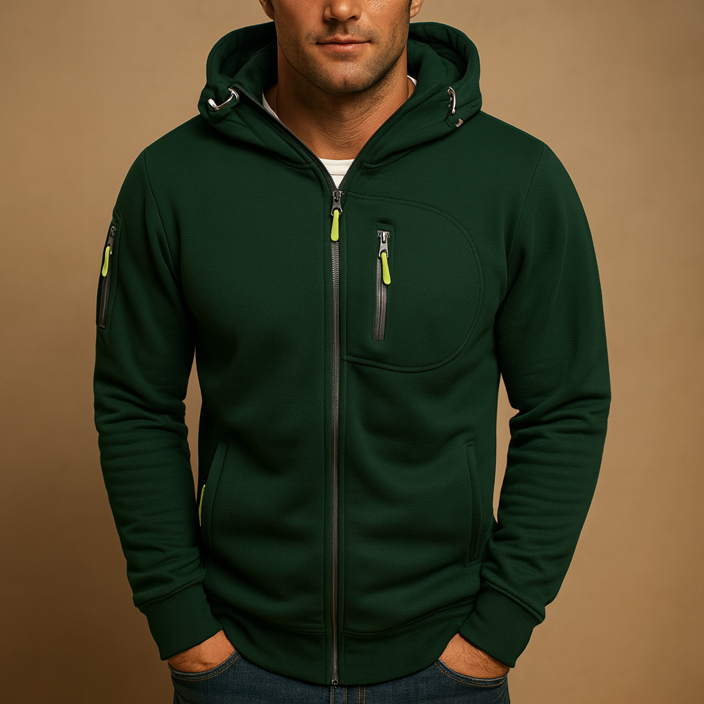 Stylish men's outerwear: a cozy, warm zip hoodie with a functional adjustable hood for men's everyday fashion.
