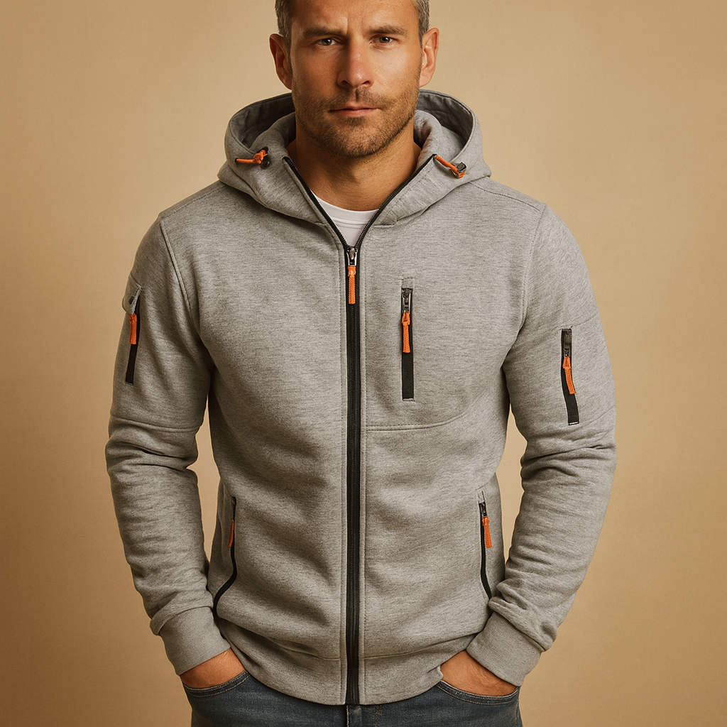 Casual men's zip hoodie in a classic fit, designed for active lifestyles and comfortable sporty everyday wear.