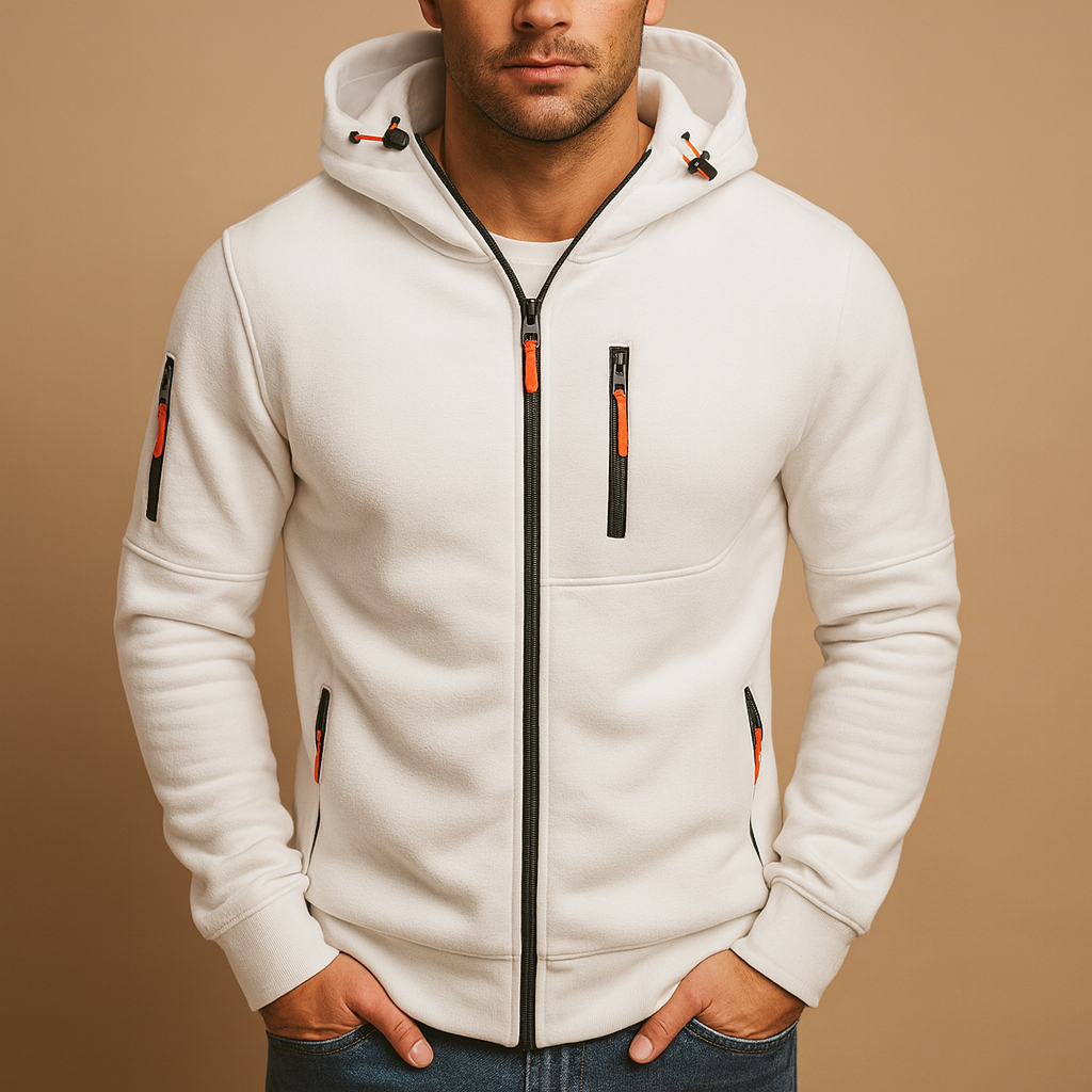 Front view of a men's warm zip hoodie, showcasing its adjustable hood & practical design for versatile comfort.