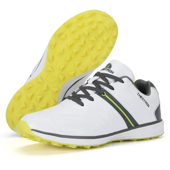 Stylish men's waterproof golf shoes offering enhanced spike traction for a professional look & solid play.