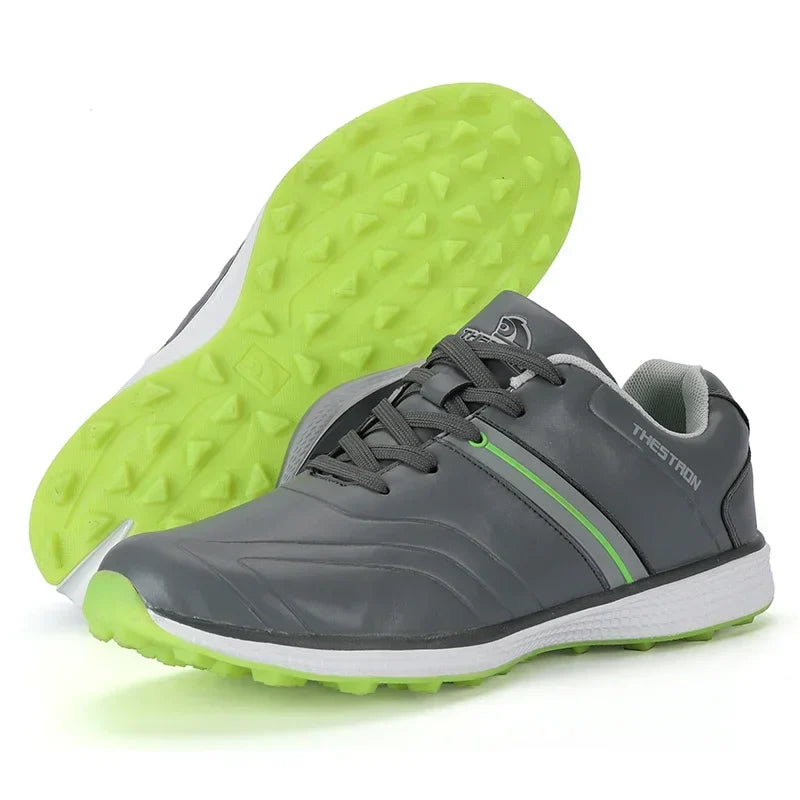 Spiked men's waterproof golf shoes featuring enhanced traction technology for secure footing & powerful swings.