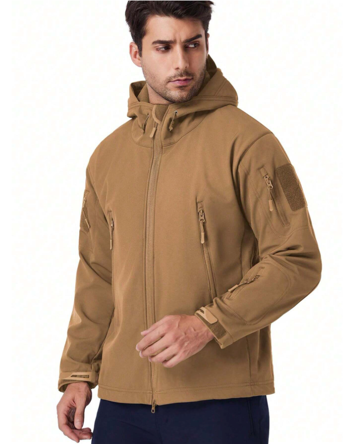 Men's complete waterproof outdoor jacket & tactical pants adventure gear set.