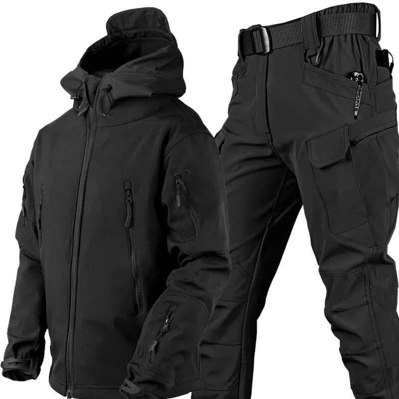 Men's performance activewear set: waterproof outdoor jacket & tactical pants for hiking.