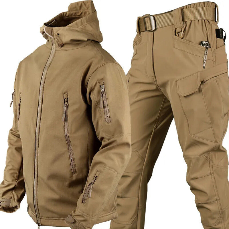 Versatile men's waterproof outdoor jacket & tactical pants set for all outdoor activities.